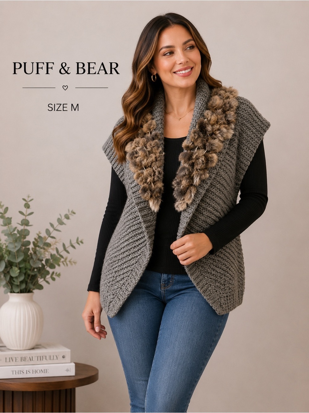 Puff & Bear Chunky Knit Faux Fur Trim boho gray Vest One Size / Fits like S-M